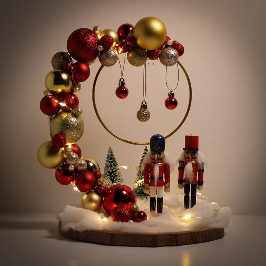 Beautiful Christmas decoration made of natural tree trunk and ornaments